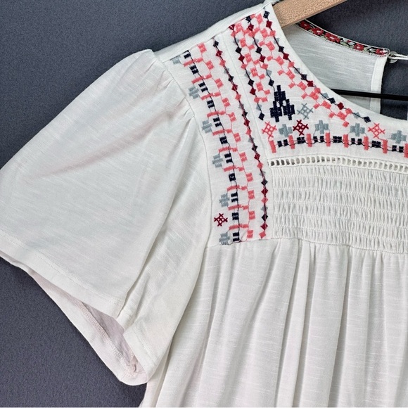 KNOX ROSE White Flowy Boho Short Sleeve Smocked Embroidered Breezy Blouse Size S - Picture 6 of 15